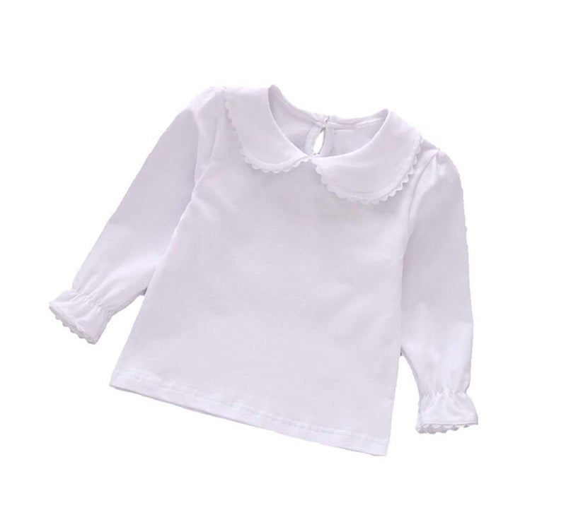 Noubeau Baby Girl Kids Blouses Long Sleeves Solid Color Doll Collar T-Shirt (White-2, 5-6T) - Image 1